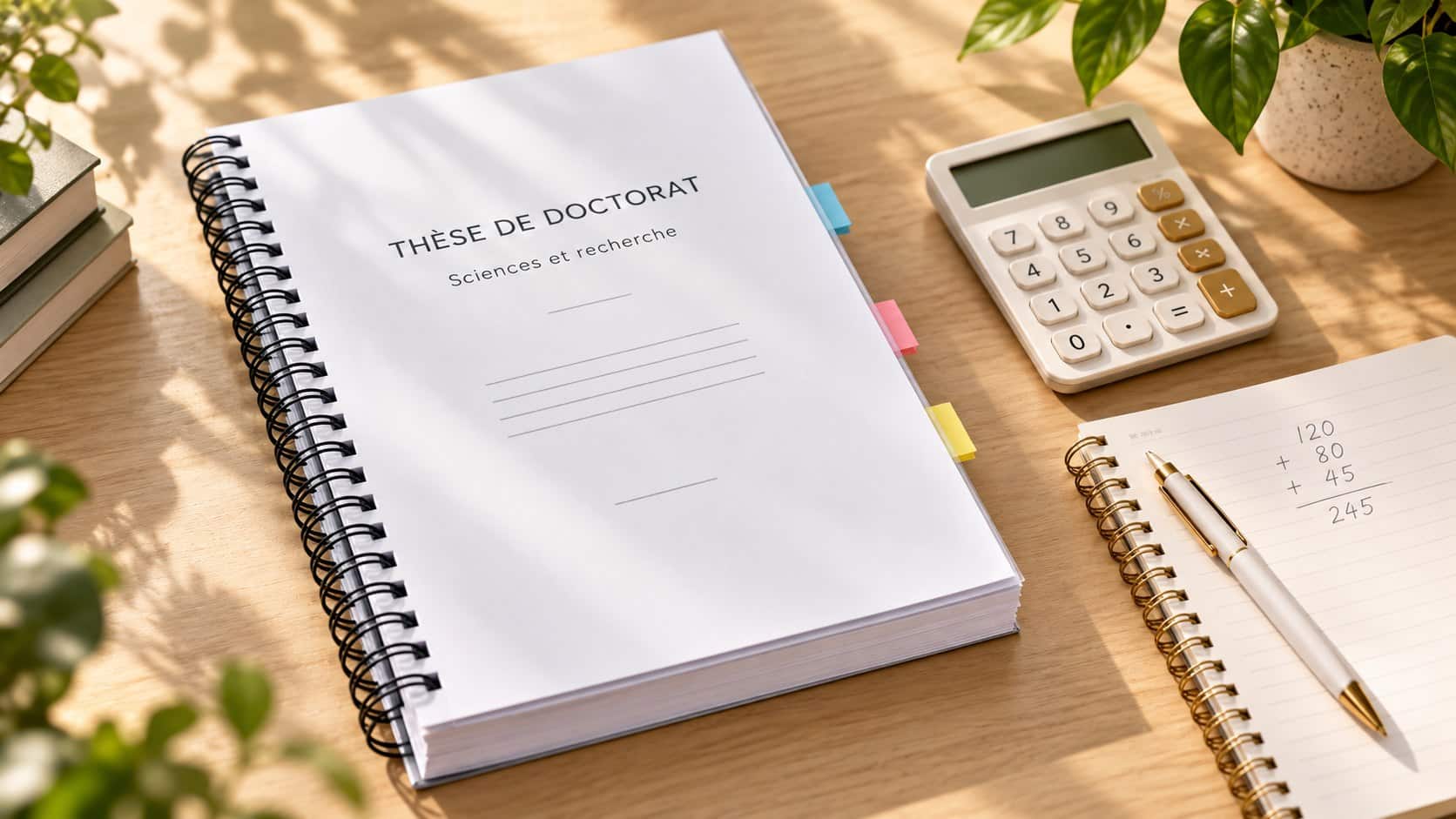 Thèse de doctorat à reliure métallique avec une calculatrice et un carnet de budget — illustration.